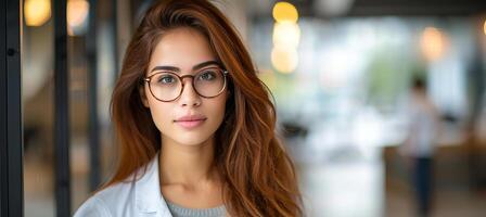 ai gerado jovem mulher cientista dentro moderno médico Ciência laboratório com equipe em borrado fundo foto