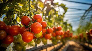ai gerado maduro vermelho tomates arbusto dentro estufa com variando maturação, exuberante folhagem, natural luz foto