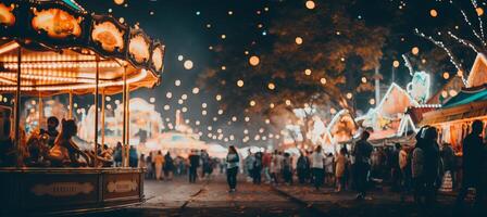 ai gerado bokeh efeito do uma vibrante carnaval noite cena com iluminado passeios, jogos, e Comida baias foto