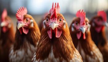 ai gerado magnífico ecológico frango às doméstico fazenda, fábrica galinhas dentro deslumbrante 16k qualidade foto