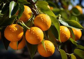 ai gerado maduro e suculento laranjas, tangerina e mandarim suspensão em árvore com azul céu. saudável Comida. foto