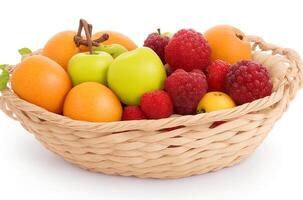 ai gerado cesta com frutas em branco fundo foto