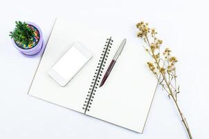 caderno, caneta, smartphone, árvore seco flores em uma branco fundo. foto