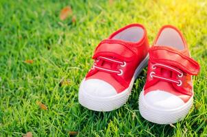 vermelho sapatos para crianças em verde Relva chão foto