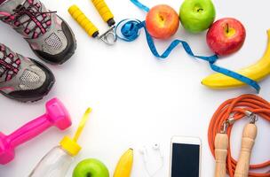 ginástica conceito com saudável Comida e exercício e livre espaço para seu texto. foto