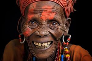 ai gerado sorridente idosos africano mulher dentro uma nacional cocar , retrato do uma face foto