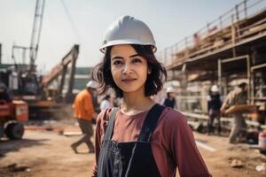 ai gerado uma mulher engenheiro, construtor ou arquiteto dentro uma capacete contra a fundo do uma construção local foto