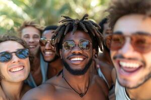 ai gerado uma reutilizável jovem grupo do feliz pessoas leva uma selfie foto em uma Câmera lado de fora