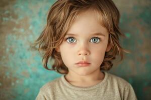 ai gerado retrato do uma sério Garoto em uma azul fundo foto