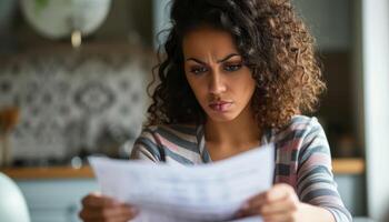 ai gerado preocupado mulher lê uma banco declaração carta expressando preocupação e estresse sobre financeiro assuntos, dívida aceitação imagem foto