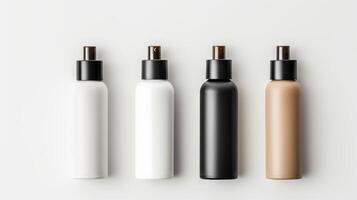 ai gerado linhas do cuidados com a pele garrafas dentro vários tons em uma limpar \ limpo fundo. sortido Cosmético spray. brincar. conceito do pessoal Cuidado, beleza embalagem, minimalista cosméticos, produtos branding foto