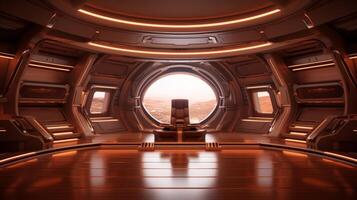 ai gerado futurista nave espacial interior dentro uma minimalista estilo. conceito do espaço viagem, futuro tecnologia, exploração, cósmico vivendo, e terra observação foto