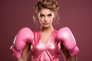 ai gerado glamouroso lindo mulher boxer dentro Rosa boxe luvas e roupa de esporte, pronto para trem. conceito do fêmea força, ginástica treinamento, moda, beleza, ativo estilo de vida, e fêmea foto