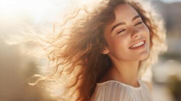 ai gerado jovem lindo mulher com natural Maquiagem dentro a luz solar. feliz senhora desfrutando a Sol. bandeira com cópia de espaço. ideal para beleza, bem-estar, estilo de vida campanhas foto