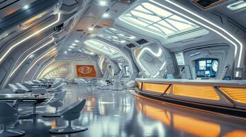 ai gerado moderno futurista minimalista Projeto do uma nave espacial interior com uma moderno estética. conceito do espaço viagem, futuro tecnologia, exploração, cósmico vivendo, e terra observação foto