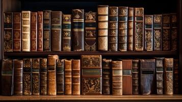 ai gerado Antiguidade estilizado livros arranjado ordenadamente em de madeira prateleiras. conceito do antiquário livros, clássico literatura, e casa biblioteca estética foto