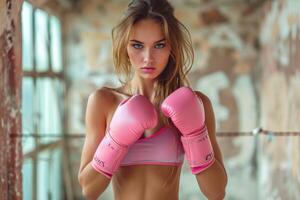 ai gerado em forma glamouroso mulher boxer dentro Rosa boxe luvas e roupa de esporte, pronto para trem. conceito do fêmea força, ginástica treinamento, moda, beleza, ativo estilo de vida, e fêmea fortalecimento foto