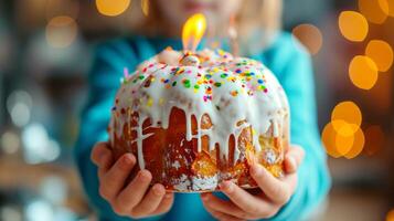 ai gerado criança segurando dentro mãos Páscoa bolo kulich decorado com branco gotejamento glacê, colori granulados e queimando vela. borrado fundo. ideal para feriado Páscoa contente, foto