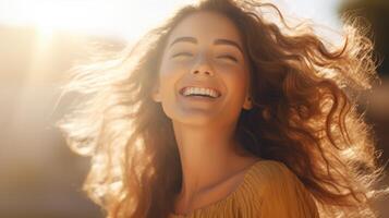 ai gerado lindo caucasiano mulher com natural Maquiagem dentro a luz solar. feliz senhora desfrutando a Sol. bandeira com cópia de espaço. ideal para beleza, bem-estar, estilo de vida campanhas ou cabelo foto