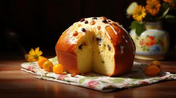 ai gerado tradicional russo kulich Páscoa pão com visível passas dentro, apresentado em uma rústico de madeira superfície. festivo bolos de copo. perfeito para festivo receita artigos, padaria anúncios foto