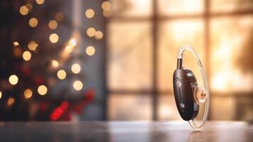 ai gerado moderno audição ajuda em borrado fundo e bokeh. tratamento do pessoas com audição perda. bandeira com cópia de espaço. remédio e Ciência. adequado para exibindo dentro médico foto