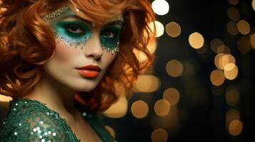 ai gerado jovem glamouroso ruiva mulher com brilhante Maquiagem dentro uma mascarada mascarar e verde lantejoulas vestir em uma espumante fundo. conceito para mascarada, feriado, corporativo festa e vida noturna foto