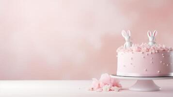 ai gerado elegante bolo com decorativo açúcar Coelho estatuetas, perfeito para aniversários ou casamentos, em uma adornado com rosa superfície. bandeira com cópia de espaço foto