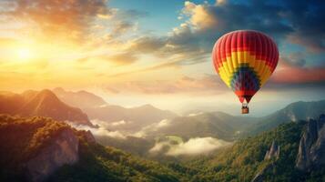 ai gerado colorida quente ar balão flutuando sobre exuberante panorama durante pôr do sol. ideal para natureza, aventura, e viagem temas. bandeira com cópia de espaço foto