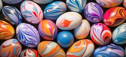 ai gerado multicolorido Páscoa ovos com vários padrões exibido firmemente junto. topo visualizar. cópia de espaço. ideal para sazonal produtos fundo foto