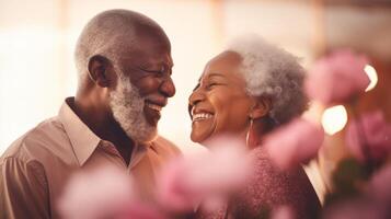 ai gerado idosos africano americano casal partilha uma alegre momento entre Rosa rosas, seus sorrisos irradiando calor e vitalício amar. ideal para artigos em envelhecimento, amor, dia dos namorados dia foto