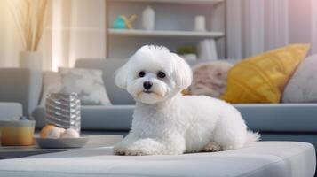 ai gerado uma fofo branco bichon friso cachorro sentado confortavelmente em uma luz cinzento sofá, olhando diretamente às a Câmera com uma brincalhão expressão. ideal para animal Cuidado e casa decoração temas foto