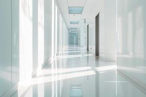 ai gerado grandes brilhante corredor dentro científico laboratório prédio. limpar \ limpo branco corredor. generativo ai foto