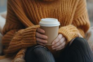 ai gerado mulher dentro uma Castanho tricotado saltador e Preto perneiras detém uma Leve embora café copo. generativo ai foto