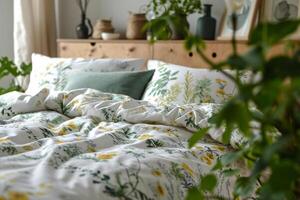 ai gerado quarto com botânico impressão roupa de cama dentro verde e amarelo tons. Primavera conceito. generativo ai foto