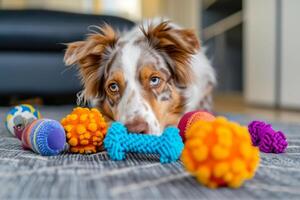 ai gerado cachorro às casa dentro a vivo quarto jogando com dele brinquedos. generativo ai foto