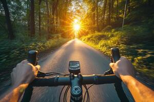 ai gerado ciclismo e pessoa em uma bicicleta dentro natureza. primeiro pessoa Visão do equitação bicicleta dentro a madeiras. generativo ai foto