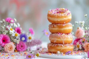 ai gerado pilha do rosquinhas com floral arranjos dentro a fundo. generativo ai foto