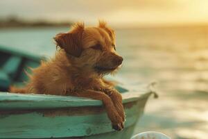 ai gerado cachorro em uma barco perto a de praia. pequeno cachorro dentro uma de madeira barco em a lago. generativo ai foto