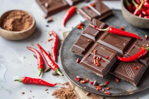 ai gerado peças do chocolate com vermelho Pimenta Pimenta. pedaços do quebrado Sombrio chocolate bar. generativo ai foto