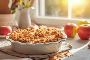 ai gerado maçã desmoronar em a cozinha fundo com maçãs generativo ai foto