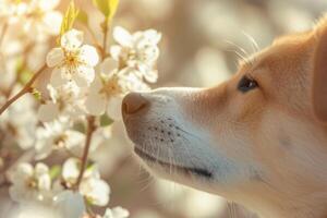 ai gerado fechar-se do uma cachorro cheirando uma Primavera florescer. cachorro cheirando flor. generativo ai foto