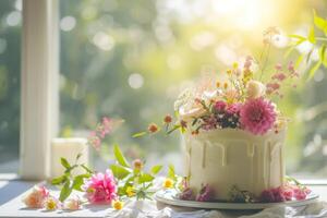 ai gerado lindo bolo decorado com flores e verde folhas. generativo ai foto