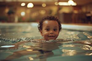 ai gerado feliz criança jogando dentro interior piscina, crianças e água cenário foto