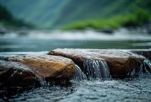 ai gerado cristal Claro rio água fluindo graciosamente sobre suave pedras dentro uma sereno natural paisagem, crianças e água imagem foto