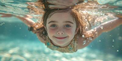 ai gerado uma alegre pequeno menina com confiança natação dentro a piscina, crianças e água imagem foto