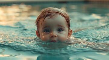 ai gerado feliz bebê menina goza natação dentro a piscina, crianças e água foto