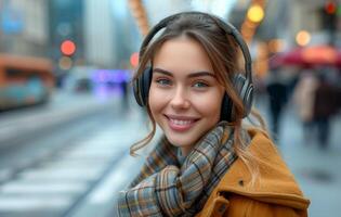 ai gerado alegre mulher dentro a cidade ouvindo para música com fones de ouvido, Mais recentes moda tendências imagem foto