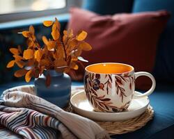 ai gerado a laranja café caneca colocada em uma de madeira mesa conjunto contra uma vivo quarto sofá pano de fundo, café imagem foto