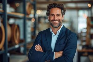 ai gerado feliz homem de negocios com braços cruzado sorridente com confiança dentro a escritório, prestação de contas conceito foto