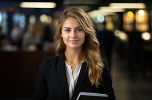 ai gerado jovem o negócio mulher sorridente segurando arquivo, profissional trabalho entrevista vestuário imagem foto